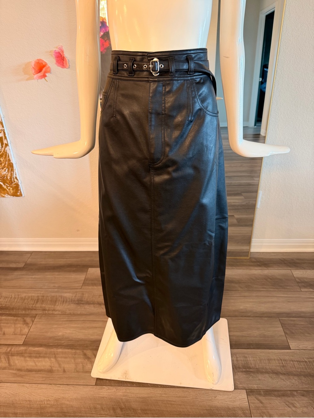 Pilcro Black Faux Leather Skirt with Belted Waist